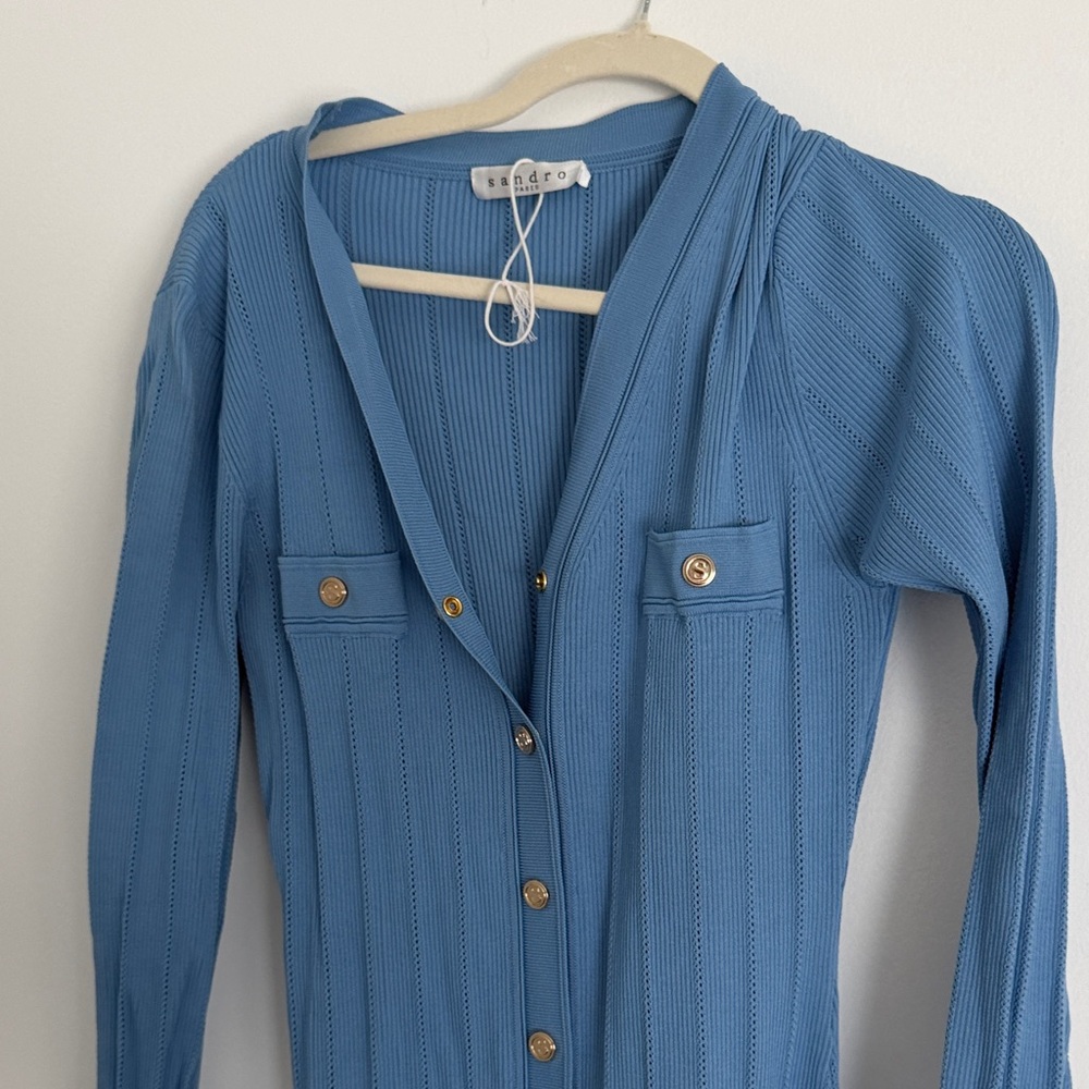 Sandro Blue Ribbed Midi Dress with Gold Buttons